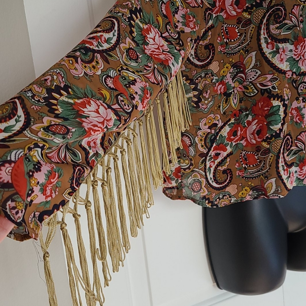 Cotton Candy Gold Boho Fringe Paisley  Blouse